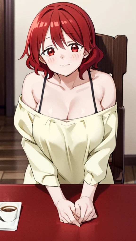 Solo, 1girl, red hair, short hair, red eyes, large ample breasts, across the table, pov, white sweater, straps, cleavage, collarbone, upper body, sitting down on chair, coffee shop, daytime, winter, smile, smug expression, blushing, 