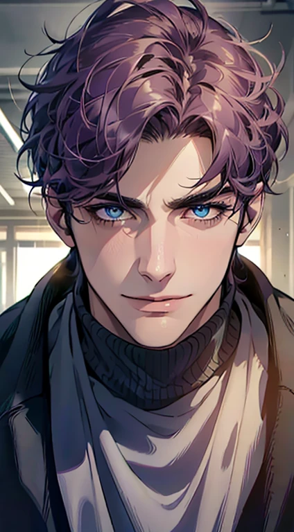 (best quality,4k,8k,highres,masterpiece:1.2),ultra-detailed,(realistic,photorealistic,photo-realistic:1.37),1 man,31 years old,mature man,very handsome,without expression,smile,short purple hair,blue eyes,penetrating gaze,perfect face without errors,imposing posture,businessman,office background,cinematic lighting,hdr image