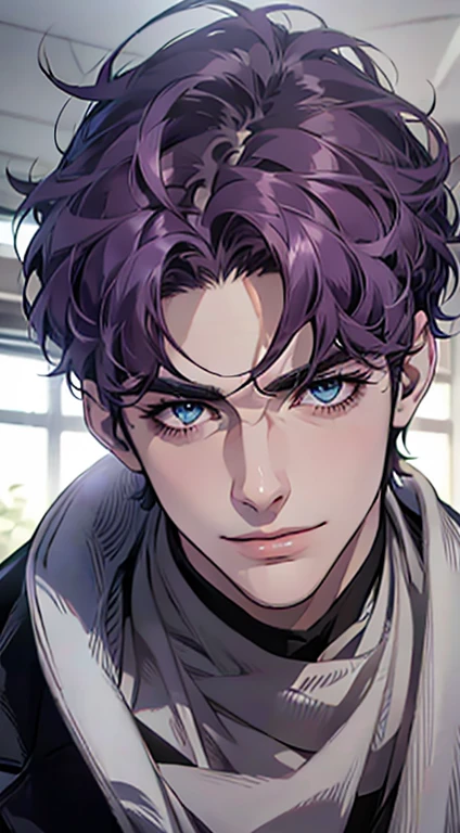 (best quality,4k,8k,highres,masterpiece:1.2),ultra-detailed,(realistic,photorealistic,photo-realistic:1.37),1 man,31 years old,mature man,very handsome,without expression,smile,short purple hair,blue eyes,penetrating gaze,perfect face without errors,imposing posture,businessman,office background,cinematic lighting,hdr image