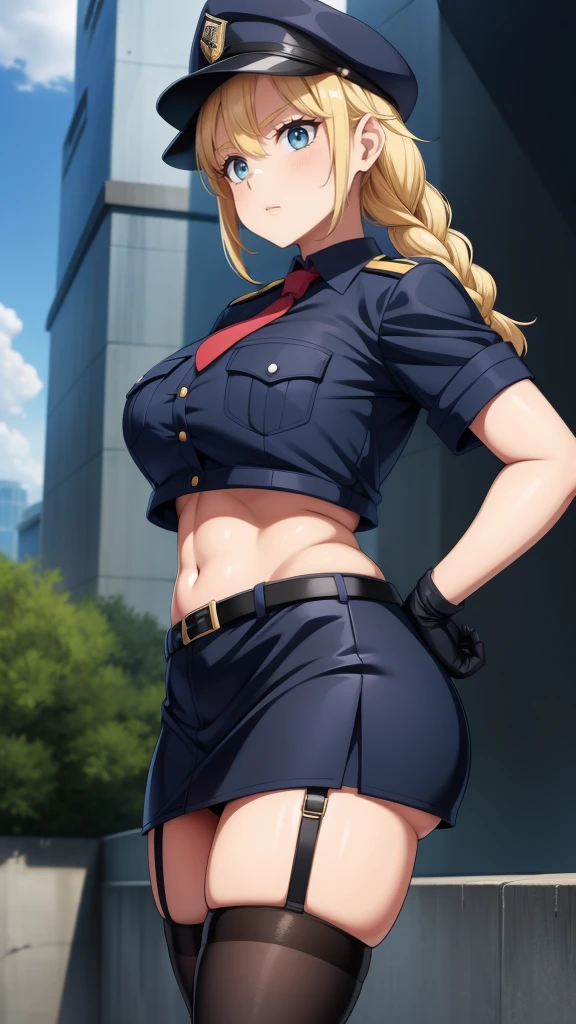 a cartoon character in a sexy outfit posing in the street with a bush, police, police uniform, 1girl, policewoman, shirt, skirt, hat, necktie, police hat, blue eyes, gloves, breasts, blonde hair, thighhighs, solo, navel, garter straps, looking at viewer, short sleeves, large breasts, underwear, miniskirt, midriff, ass visible through thighs, panties, outdoors, skindentation, braid, hand on hip, belt, black skirt, uniform, collared shirt, frown, thighs, peaked cap, crop top, black panties, blue shirt, breast pocket, v-shaped eyebrows,Eiko Tsukimi, blue eyes, braid, twin braid,blonde hair,baseball cap