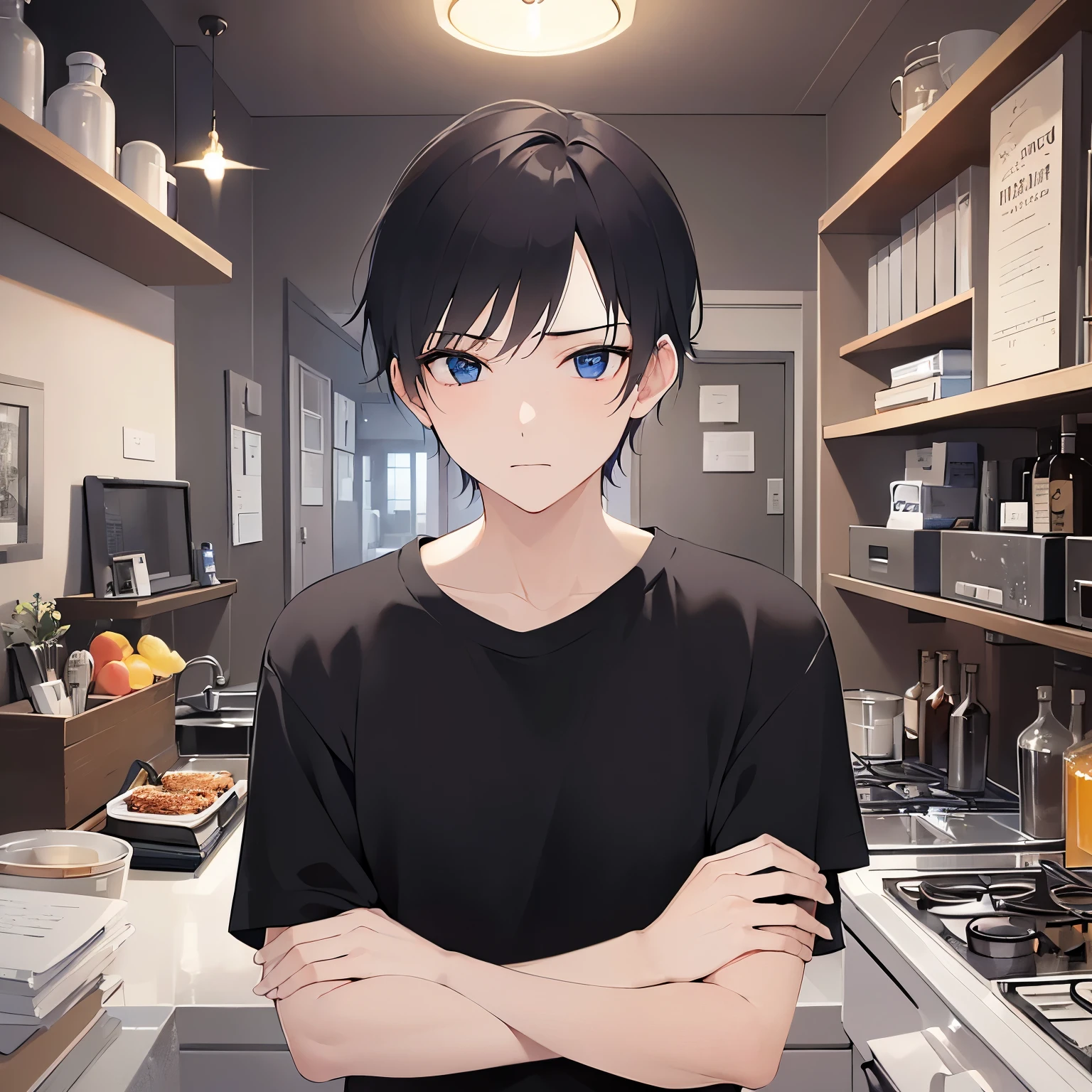 looking away,upper body,Upward glance, shiny skin, masterpiece、Highest quality、(25-year-old male:1.5) and (Black short hair) and (blue eyes)
(black) and (T-Shirts)
The background is the kitchen at night、frown、(alone:1.2)