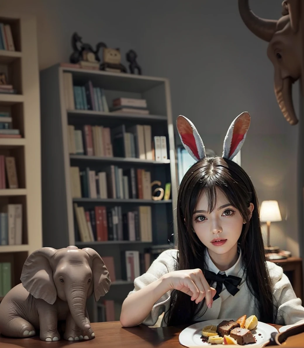 The bookshelf behind her is well organized with two small decorative elephants on the shelf and lots of books.. The background is harmonious with the main photo and no difference can be seen. 