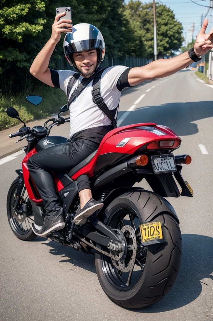 man wearing a helmet on the back of a motorbike taking a selfie