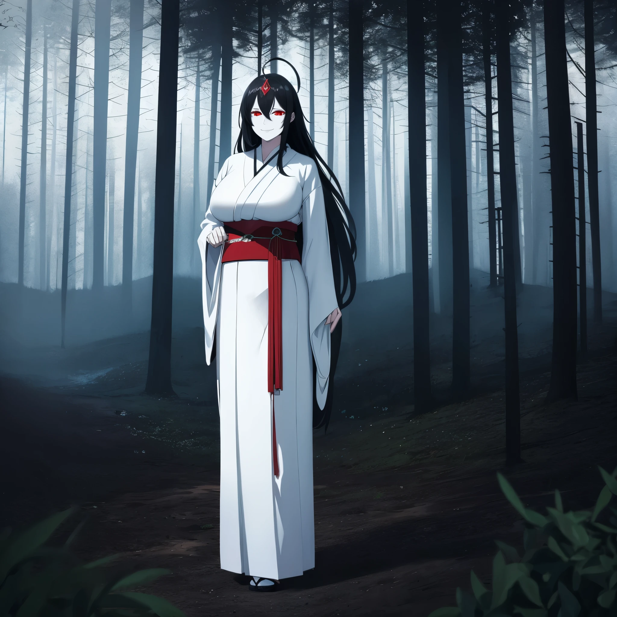 A woman wearing an old white kimono with a dark style, white skin, completely white skin, bright red eyes, wearing an Okamê Mask, Japanese folk style, mask on the forehead, dark Japanese aesthetics, big breasts, smiling, black hair, long hair, ahoge no hair, full body, on a shady lawn, standing, fog, obscure place, darkened place, horror aesthetic,.HDR, ultra resolution, well defined, masterpiece, 8K HD. (solo woman)

