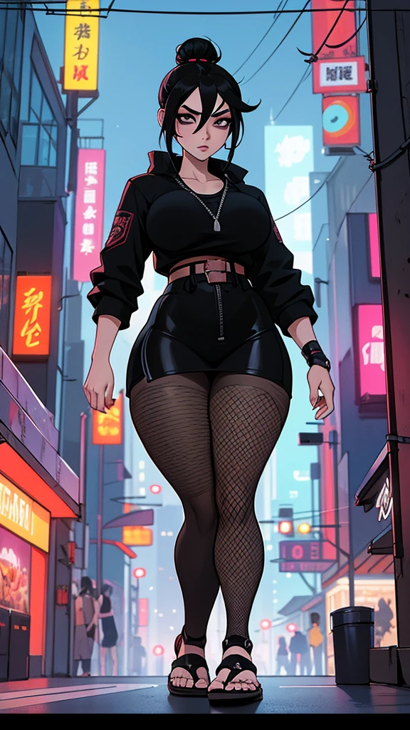 goth woman, Asian, Curvy athletic, cyberpunk samurai, samurai armor, black hair samurai hairstyle, with katana, panties, fishnet pantyhose, long fitted shirt, japanese sandals, cyberpunk city scene at night with fluorescent signs