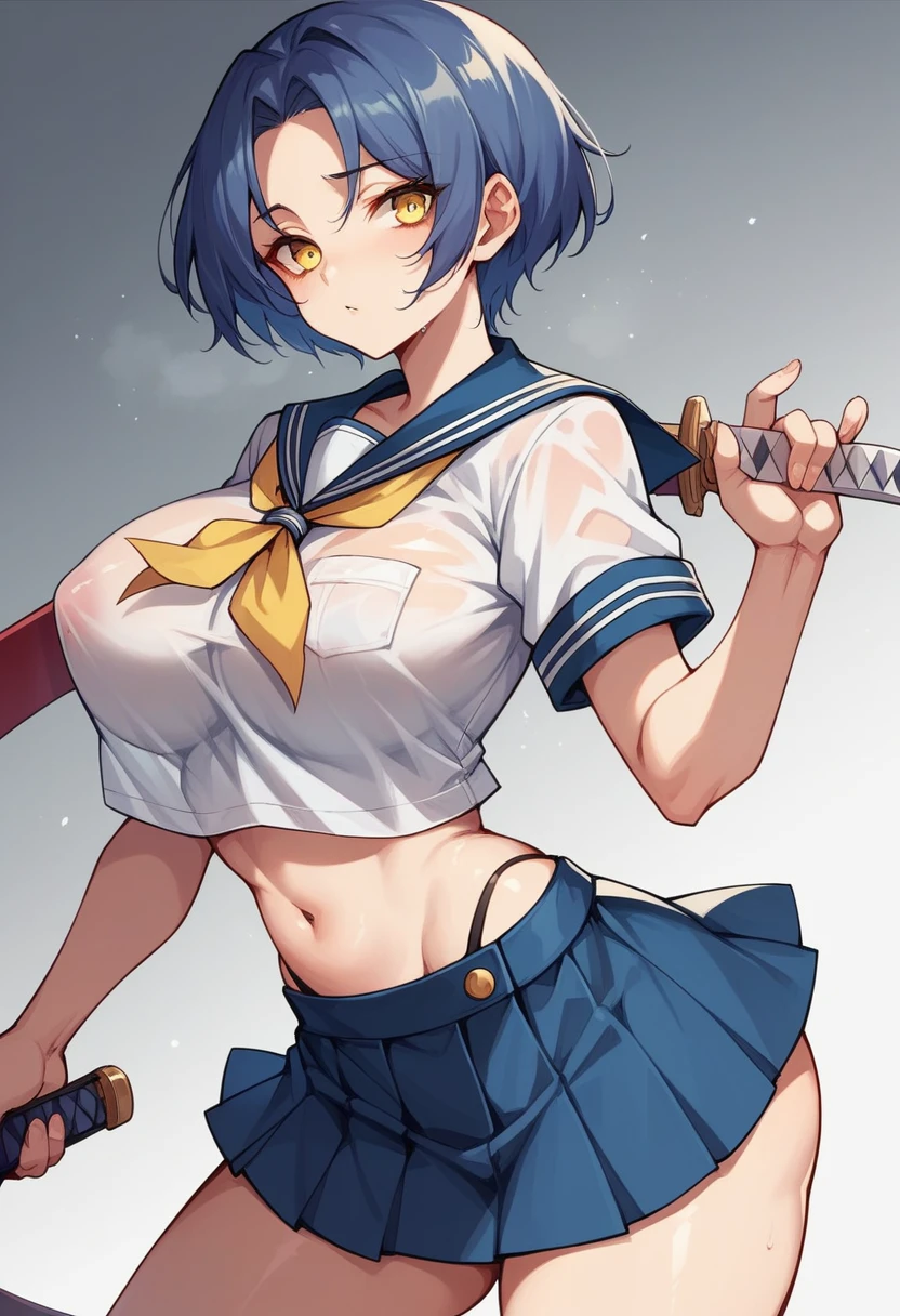 18-year-old,shiny navy hair,short hair,Parted bangs,Yellow Eyes,Large Breasts,Small waist,Big Ass,,A feminine and soft figure, , See-through sailor suit,Navy blue mini skirt,Black underwear, ,Japanese sword,Covered in body fluids