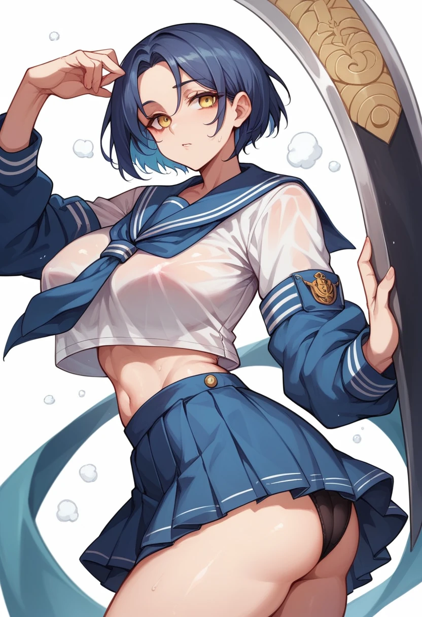 18-year-old,shiny navy hair,short hair,Parted bangs,Yellow Eyes,Large Breasts,Small waist,Big Ass,,A feminine and soft figure, , See-through sailor suit,Navy blue mini skirt,Black underwear, ,Japanese sword,Covered in body fluids