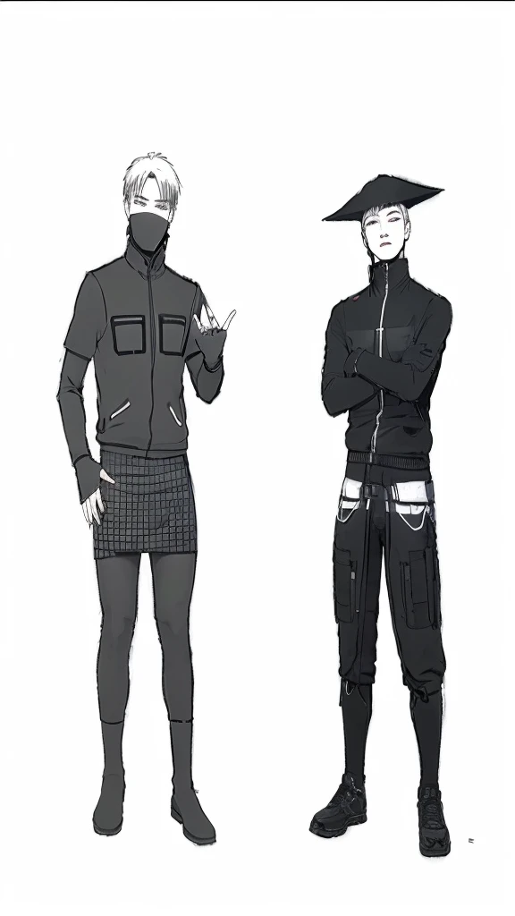 Two boys with Asian features, dressed in black Cyberpunk clothing. In the background you can see a Cyberpunk city with many neon lights, It's night and the boys pose staring at the camera, his eyes shine in the darkness
