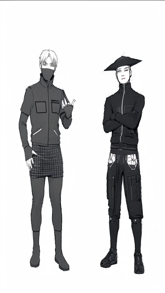 Two boys with Asian features, dressed in black Cyberpunk clothing. In the background you can see a Cyberpunk city with many neon lights, It&#39;s night and the boys pose staring at the camera, his eyes shine in the darkness 