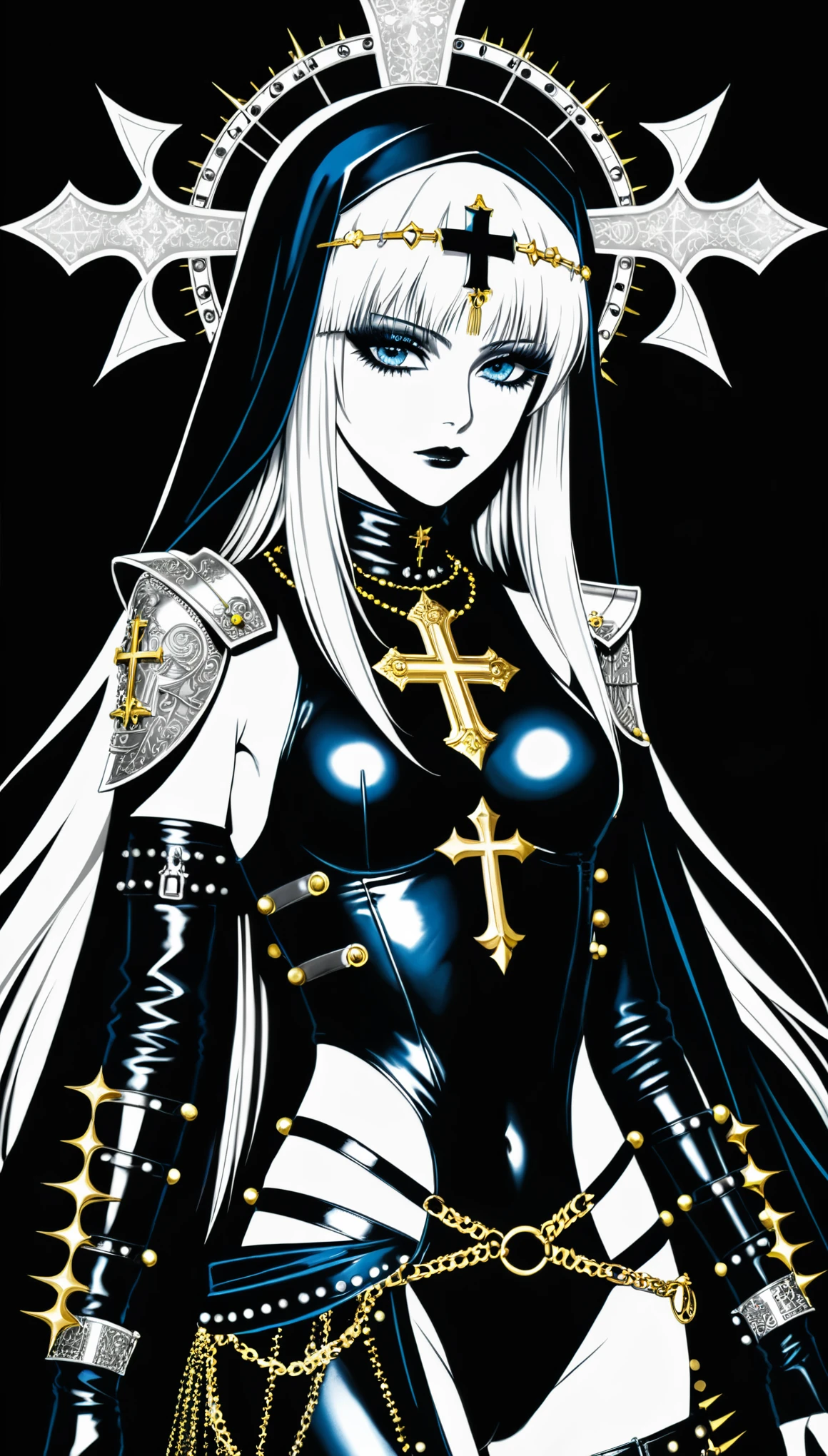 in style of Harry Clarke,in style of Santiago Caruso,Wearing a black leather jacket,Black metal cross weapon,Gold ornaments,Gold ring ornaments,Long nails goth punk style,cerulean ,monochrome,White long hair,Waist,Abdominal muscles,Umbilical nail puncture,black background,Spiked Gothic Punk ,Warrior Nun, anime girl sacred armor, Cybergoth, A fusion of anime style with Fujifilm, inspired by《Saint Lucy Legendary Master》, holy crusader