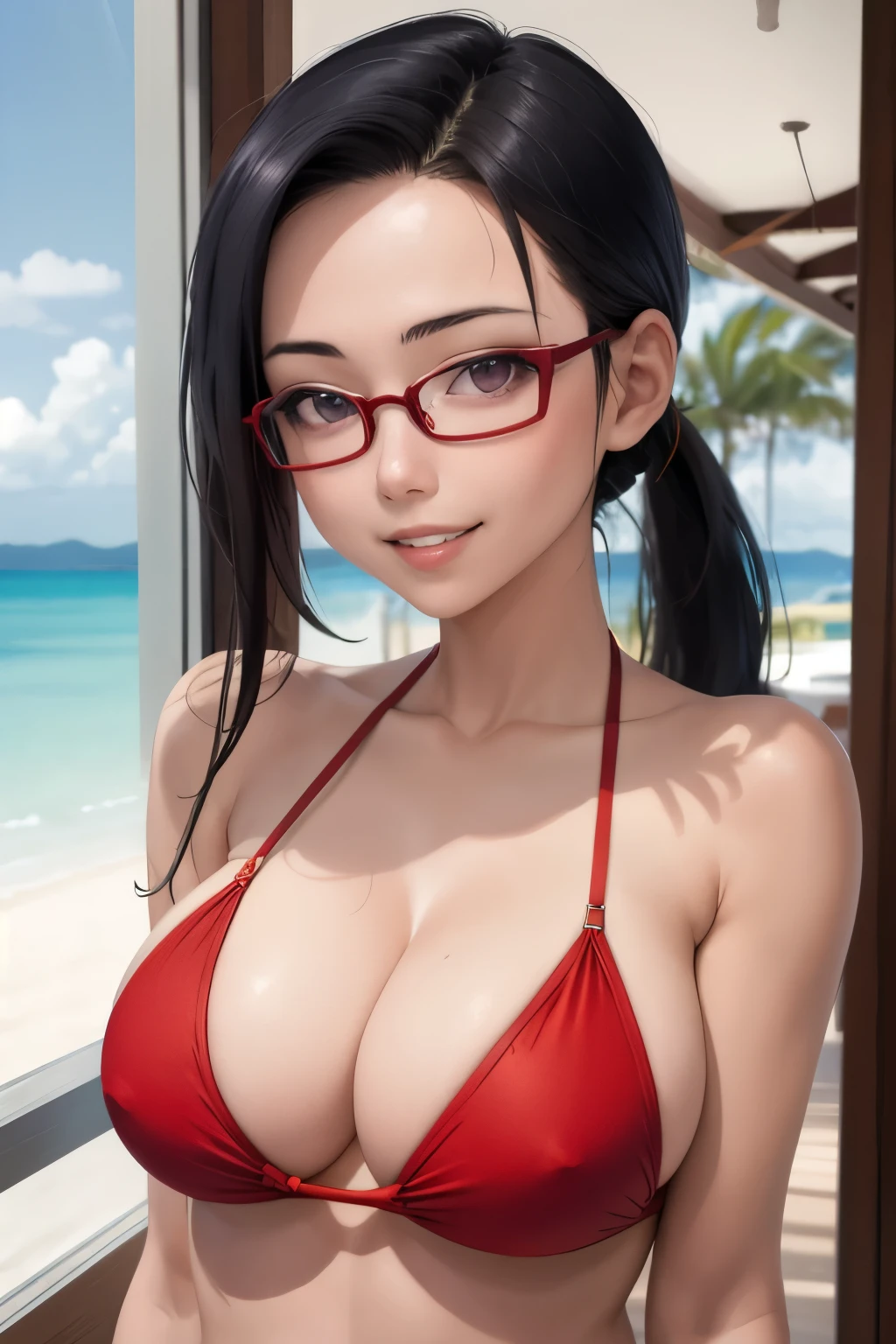 masterpiece, best quality, beach, satou sakie, glasses, red bikini, looking at viewer, large breasts, upper body, portrait, looking at viewer, parted lips, seductive smile,