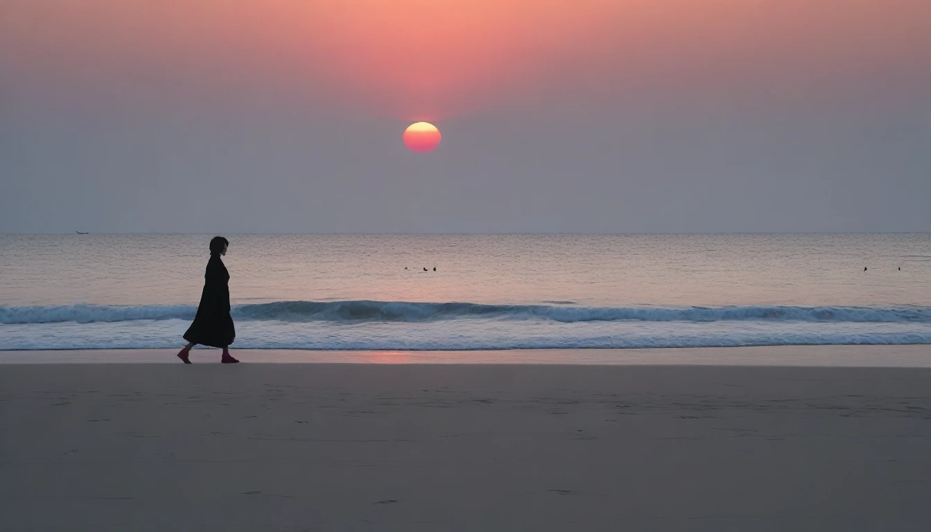 8K, Vivid picture quality, long deserted beach, A woman with short hair walking from afar, Black trench coat, red light of sunset, sunset, alone, afternoon, depressed, birds가 밀려온다, ocean, birds, wind, short korean girl, 잔잔한 birds, Barefoot waiting to start