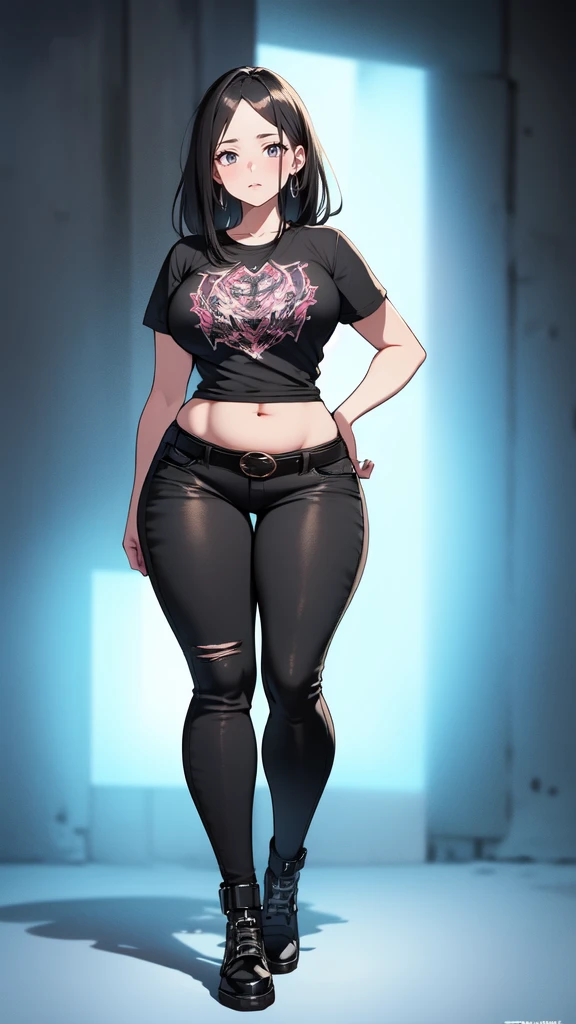 blank background, (((full body))), (masterpiece), ((best quality)), ((tall girl)), straight hair (curvy:1.5), (punk girl), shoes, belt below navel, black hair, wide hips, (black jeans), (short sleeves), arm tattoo