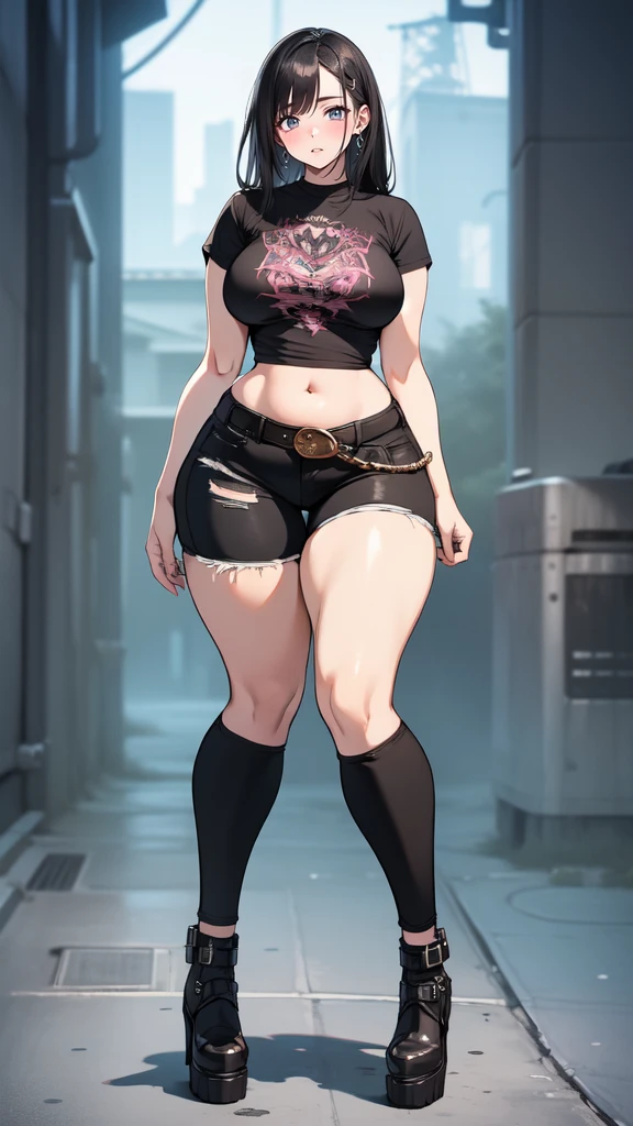 blank background, (((full body))), (masterpiece), ((best quality)), ((tall girl)), straight hair (curvy:1.5), (punk girl), shoes, belt below navel, black hair, wide hips, (black jeans), (short sleeves), arm tattoo