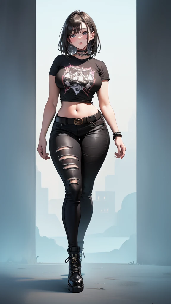 blank background, (((full body))), (masterpiece), ((best quality)), ((tall girl)), straight hair (curvy:1.5), (punk girl), shoes, belt below navel, black hair, wide hips, (black jeans), (short sleeves), arm tattoo