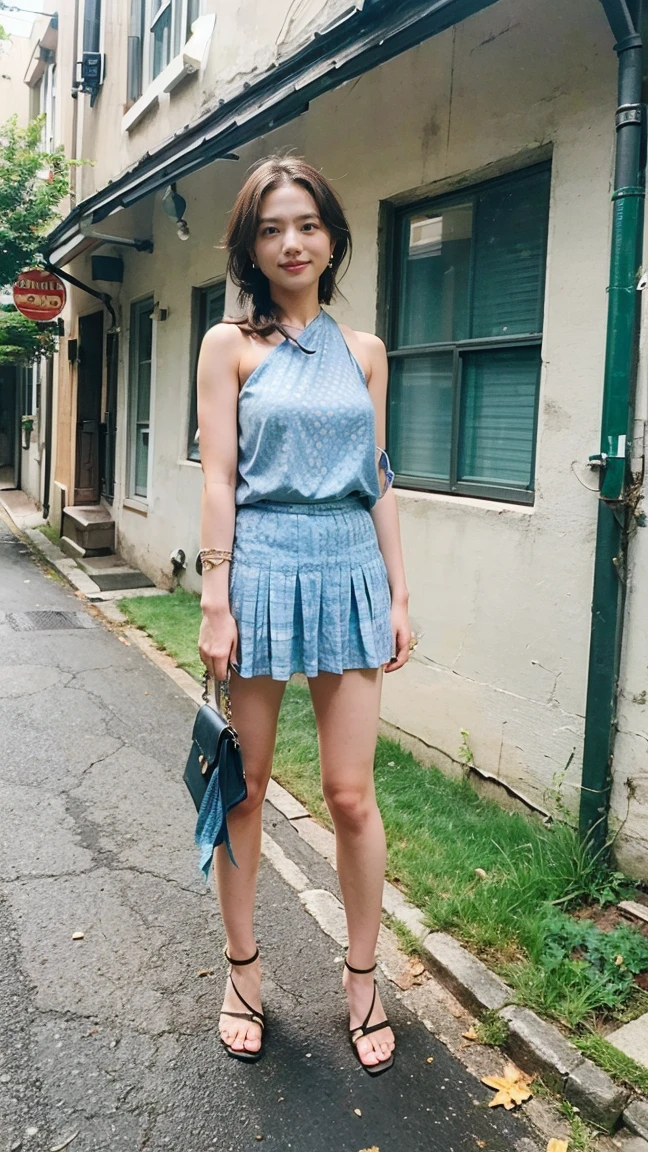 (((Big Breasts:1.52)))、((Viewing angle from below、Highest quality、masterpiece、32k、Every detail))、Descend the outdoor stairs、commute、Systemic symptoms、Very tight camisole、Pleated skirt、(((A strong wind blows my hair and skirt away:1.62)))、((The shoulder strap of the bag is worn diagonally across the body.:1.4))、One Girl, alone、(((mini skirt, No underwear:1.22)))、Big Breasts、barefoot, High heels