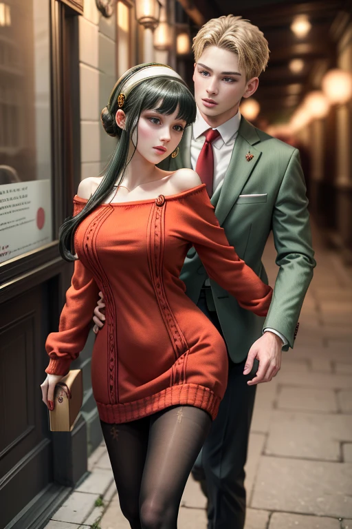 (masterpiece, best quality:1.2), high resolution, intricate details, extremely detailed, realistic and sharp details, (full body), hetero, couple, (1girl, hairband, off shoulder red sweater minidress, pantyhose), (1boy wearing light green business suit), (1boy grabbing her breasts), detailed face, detailed eyes, pale skin, photo background, outdoors, 