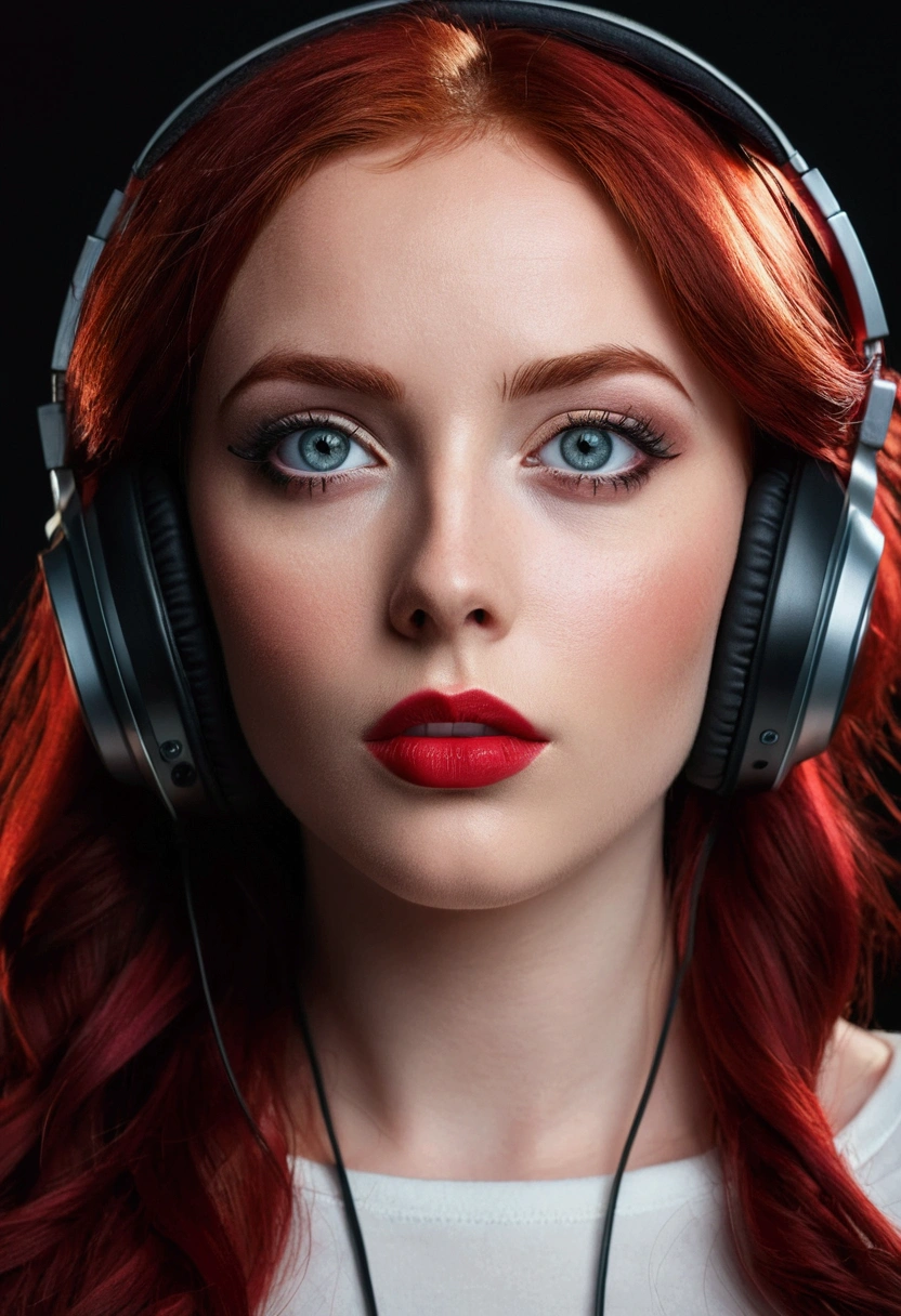 foreground, perfect face of a brunette woman with red hair, perfect face with heterochromia and big eyes ,bright red party thick lips wearing black headphones, The camera should only focus on his face and his innocent look., on a dark background, High quality image, very sharp, realistic and detailed cinematic scene