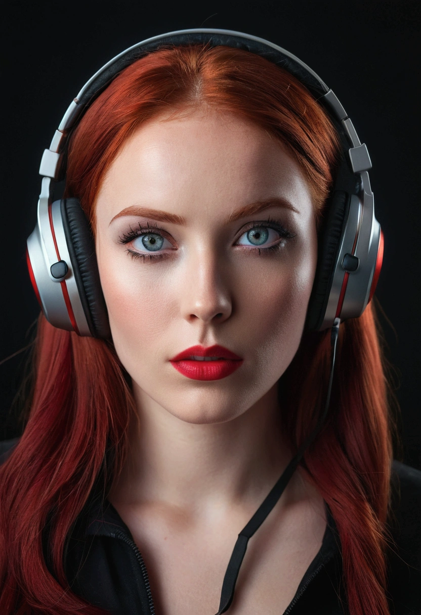 foreground, perfect face of a brunette woman with red hair, perfect face with heterochromia and big eyes ,bright red party thick lips wearing black headphones, The camera should only focus on his face and his innocent look., on a dark background, High quality image, very sharp, realistic and detailed cinematic scene