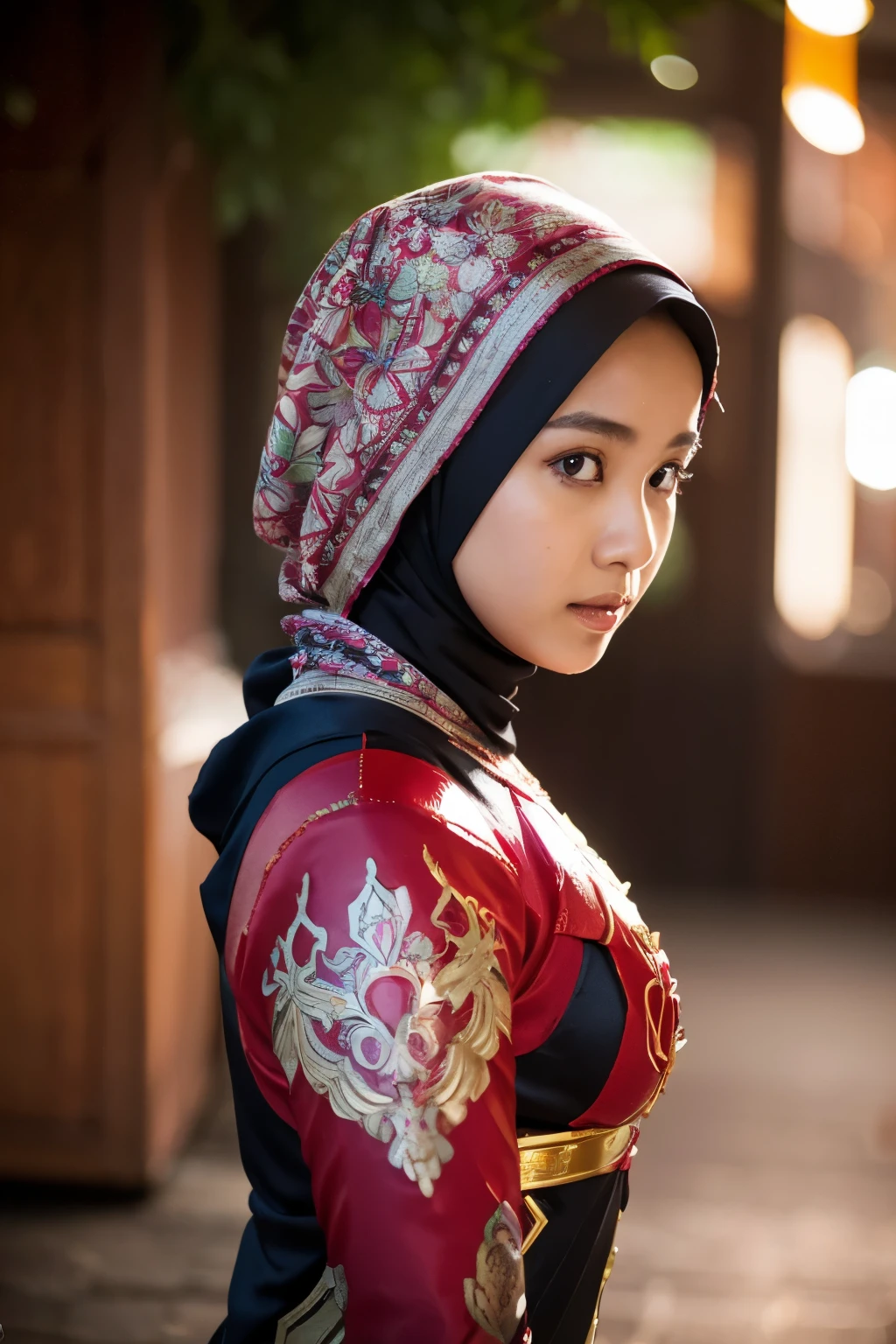 javanese girl , modern floral pattern hijab, shy, medium portrait shot , watery eyes , glowing particles, wear Red Kamen Rider Valkry Flexible Suit, light bokeh background, proportional body,
