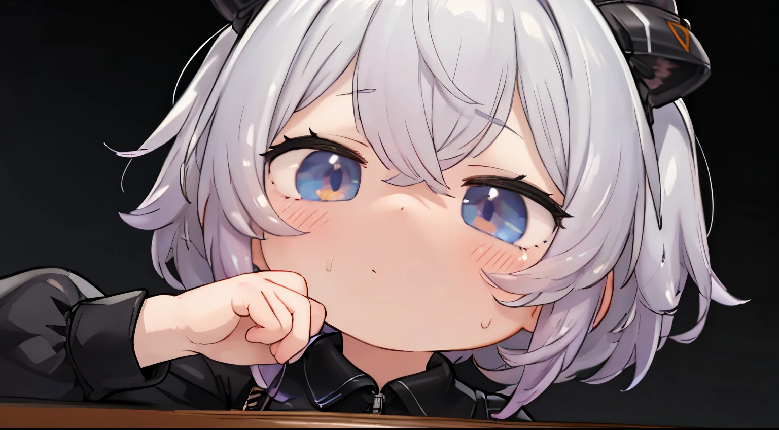 1girl, amiya \(arknights\), arknights, dirty face, outstretched hand, close-up, cinematic angle, foreshortening, dark, dark background, masterpiece, best quality