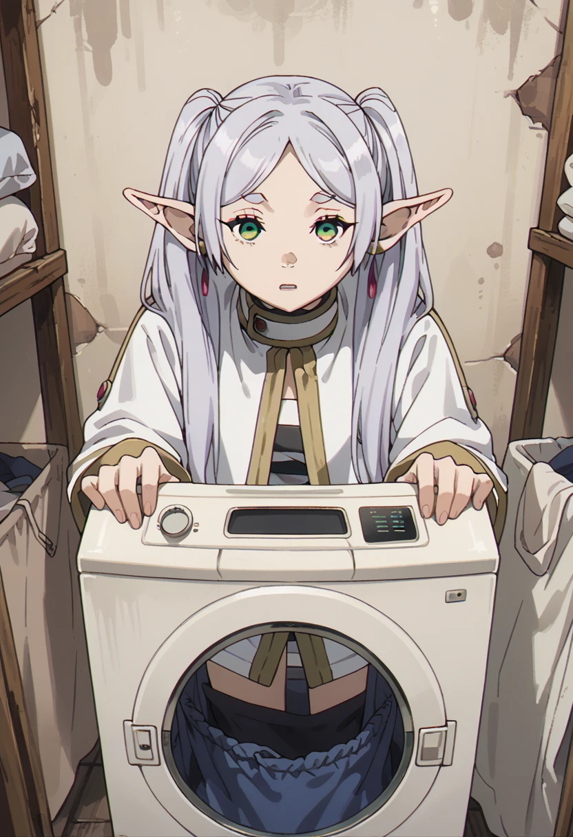 frieren stuck in laundry machine panicking, 