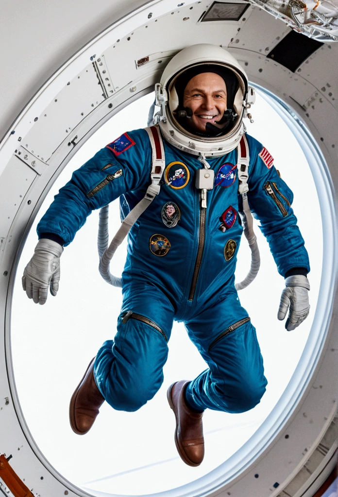 cosmonaut in a bomber jacket jumping in zero gravity