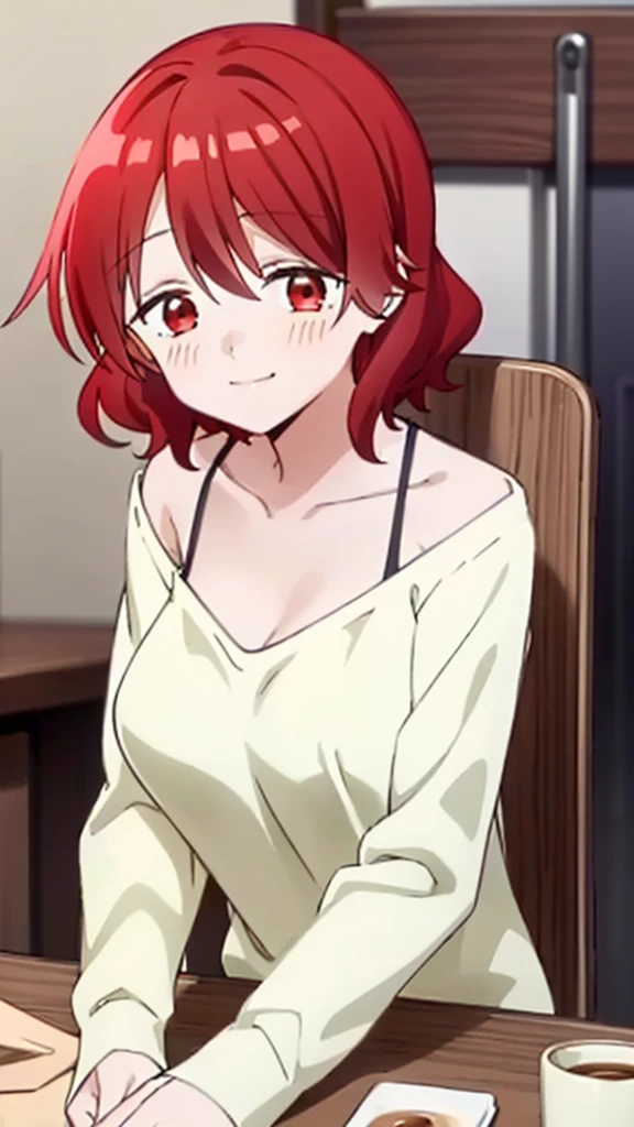 Solo, 1girl, red hair, short hair, red eyes, large ample breasts, across the table, pov, white sweater, straps, cleavage, collarbone, upper body, sitting down on chair, coffee shop, daytime, winter, smile, smug expression, blushing, 