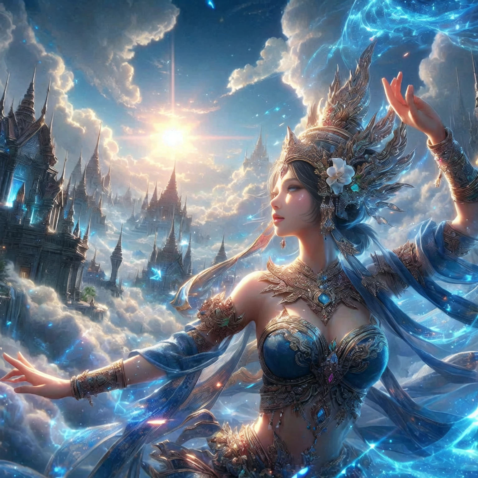 beautiful woman,Fine gold jewelry set,beautiful woman,Thai dress woman,realistically , blue eyes , sparkling, beautiful ,Fantasy