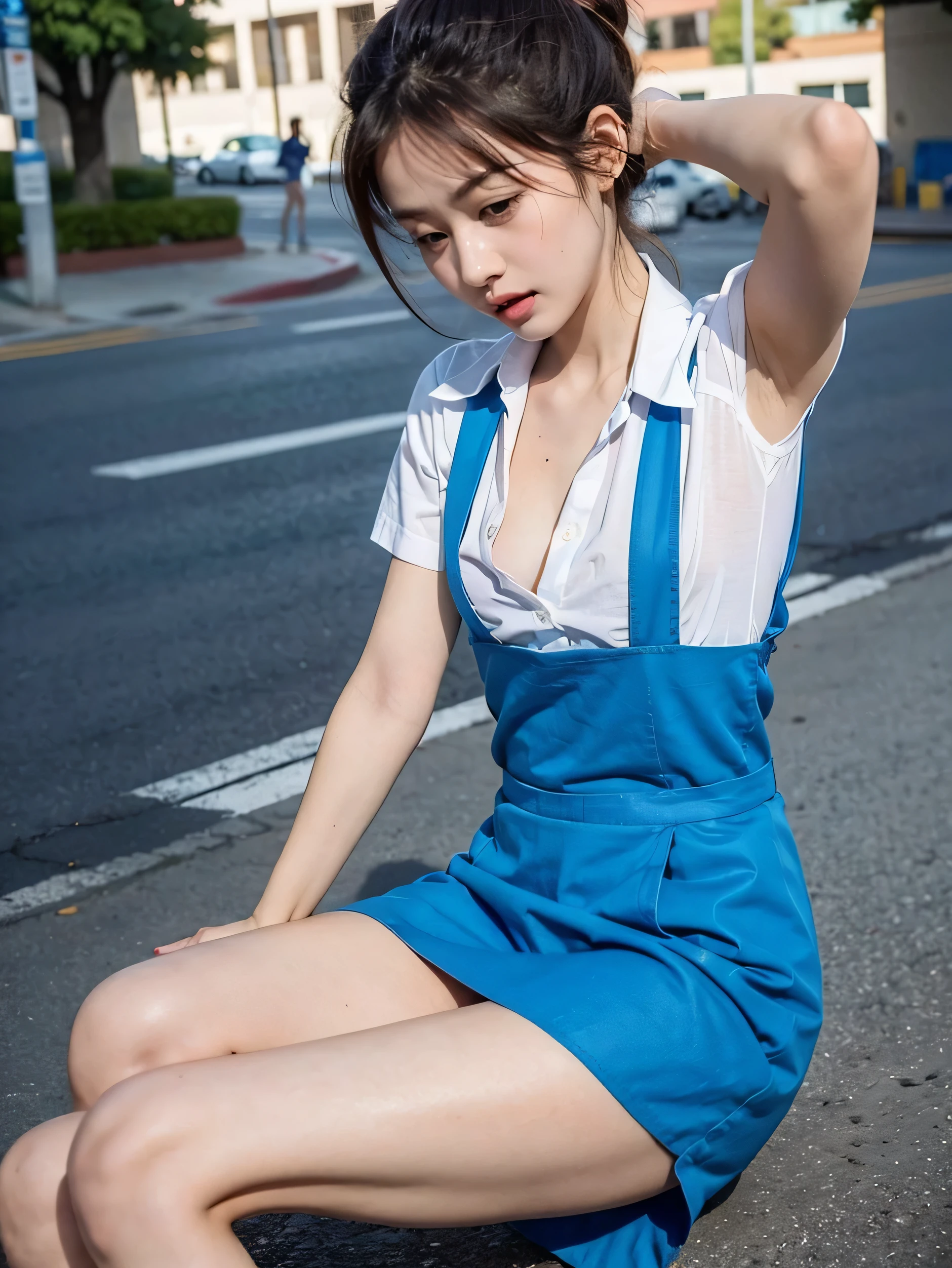 girl with pretty face, hair tied in ponytail,  black or brown hair,  white shirt, blue pinafore, uniform, school logo, tiny breast, flat chest, cleavage showing through her unbuttoned shirt, seductive face, frown, winking face, detailed armpit, legs spread wide, small , fully unbuttoned white shirt, opened shirt, panties pulled down to knee, show ass, middle of the street, in public, outside, armpits getting licked, armpit licking