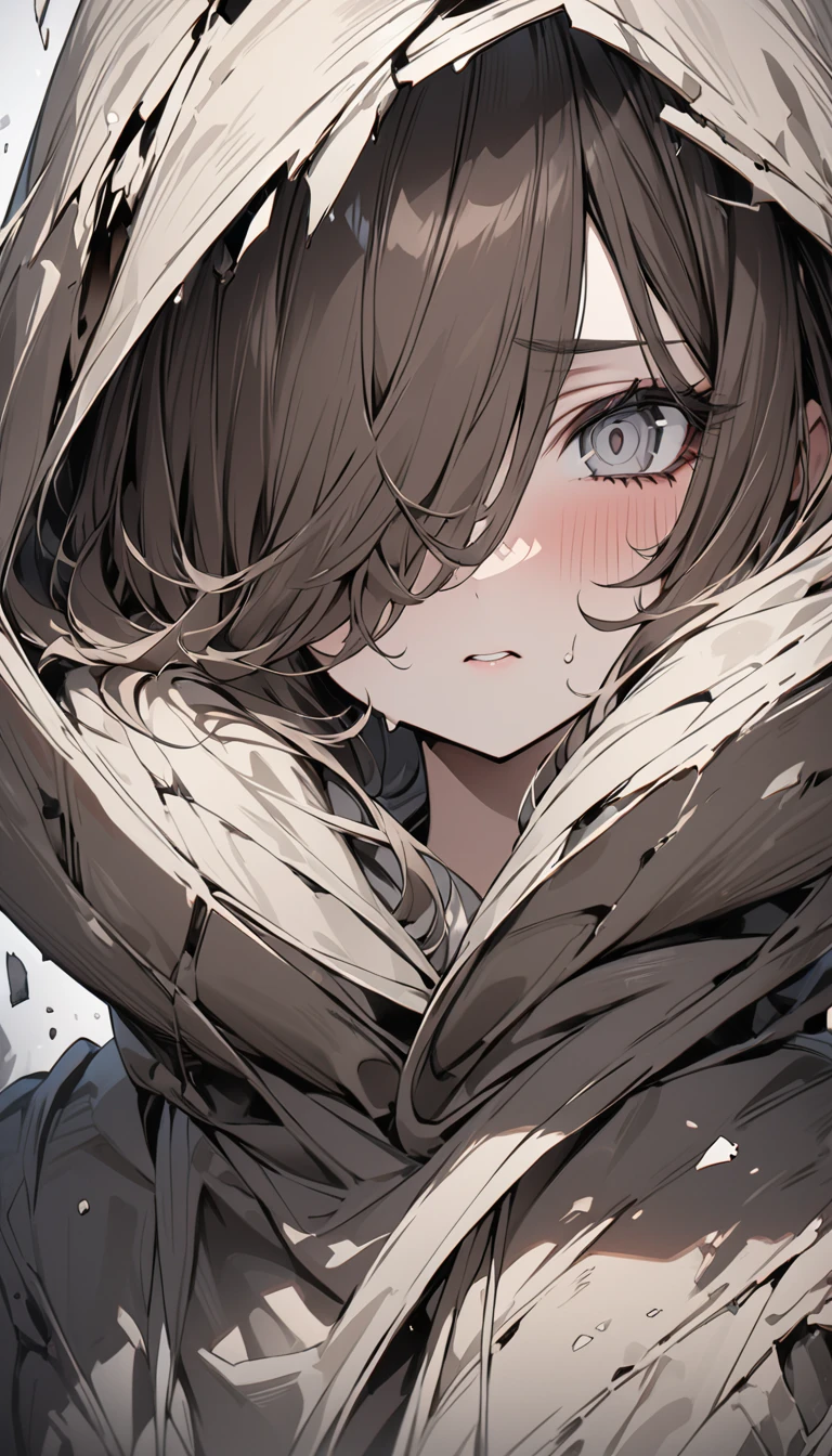 Highest quality masterpiece High resolution masterpiece Brown Bob covering one eye Grey Eyes in the style of distorted and fractured