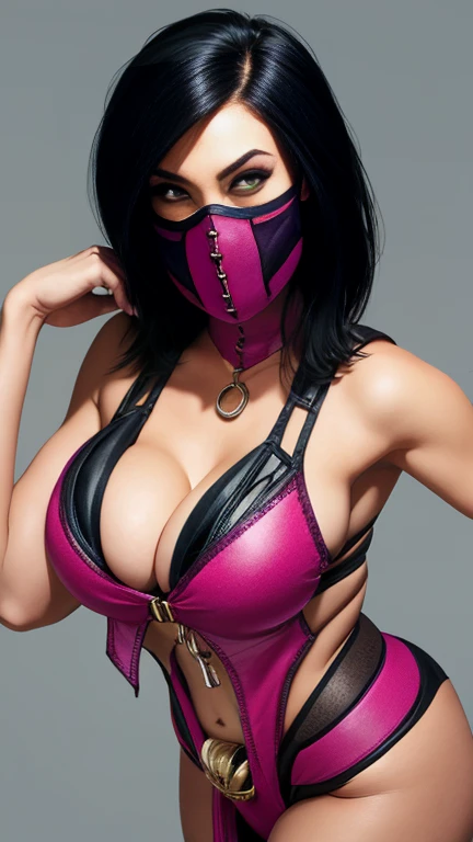 Mileena has large breasts showing and is wearing her bikinis and she has a cute face and she is wearing her mask and she is unzipping her clothes