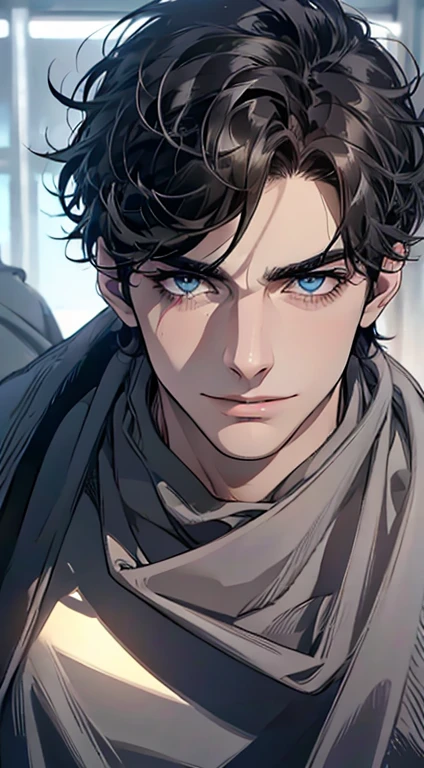 (best quality,4k,8k,highres,masterpiece:1.2),ultra-detailed,(realistic,photorealistic,photo-realistic:1.37),1 man,31 years old,mature man,very handsome,without expression,smile,short grey black hair,blue eyes,penetrating gaze,perfect face without errors,imposing posture,businessman,office background,cinematic lighting,hdr image
