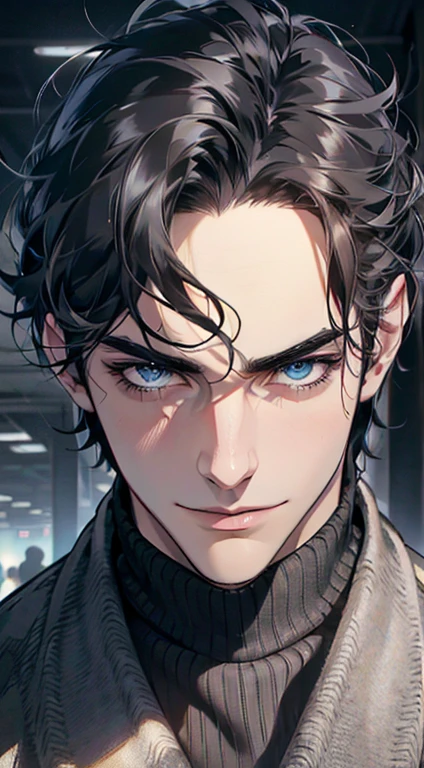 (best quality,4k,8k,highres,masterpiece:1.2),ultra-detailed,(realistic,photorealistic,photo-realistic:1.37),1 man,31 years old,mature man,very handsome,without expression,smile,short grey black hair,blue eyes,penetrating gaze,perfect face without errors,imposing posture,businessman,office background,cinematic lighting,hdr image