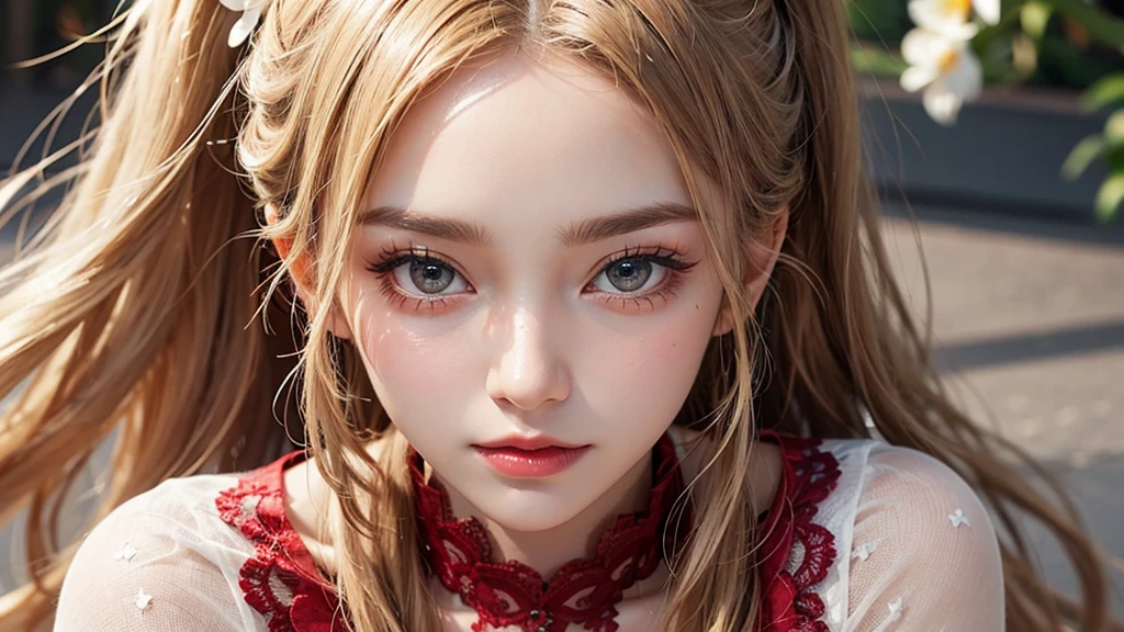 (Fine grain,Long eyelashes,Bright and colorful iris,Expressive eyebrows,Blend eyeshadow perfectly,Eyes sparkling,Reflective eyeball),(Blonde 1。3 Lots of hair 1。3 Delicate Hair 1。2),(Floral transparent stockings:1.4,),Red sexy openwork lace dress,Close-up shot