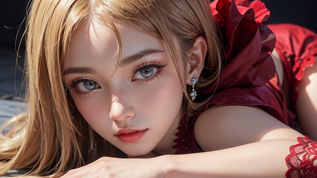 (Fine grain,Long eyelashes,Bright and colorful iris,Expressive eyebrows,Blend eyeshadow perfectly,Eyes sparkling,Reflective eyeball),(Blonde 1。3 Lots of hair 1。3 Delicate Hair 1。2),(Floral transparent stockings:1.4,),Red sexy openwork lace dress,Close-up shot