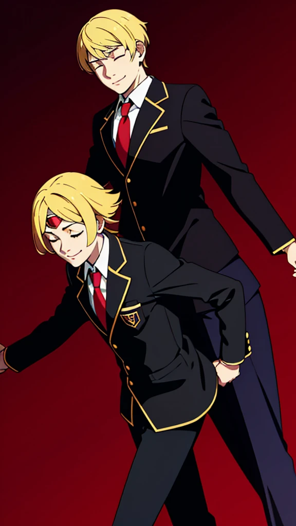 1boy,18s,short hair,blonde hair,smile,closed eyes.(no background, simple background),red necktie,black jacket, blazer,long sleeves,pants,upper body,walking,demonic third eye