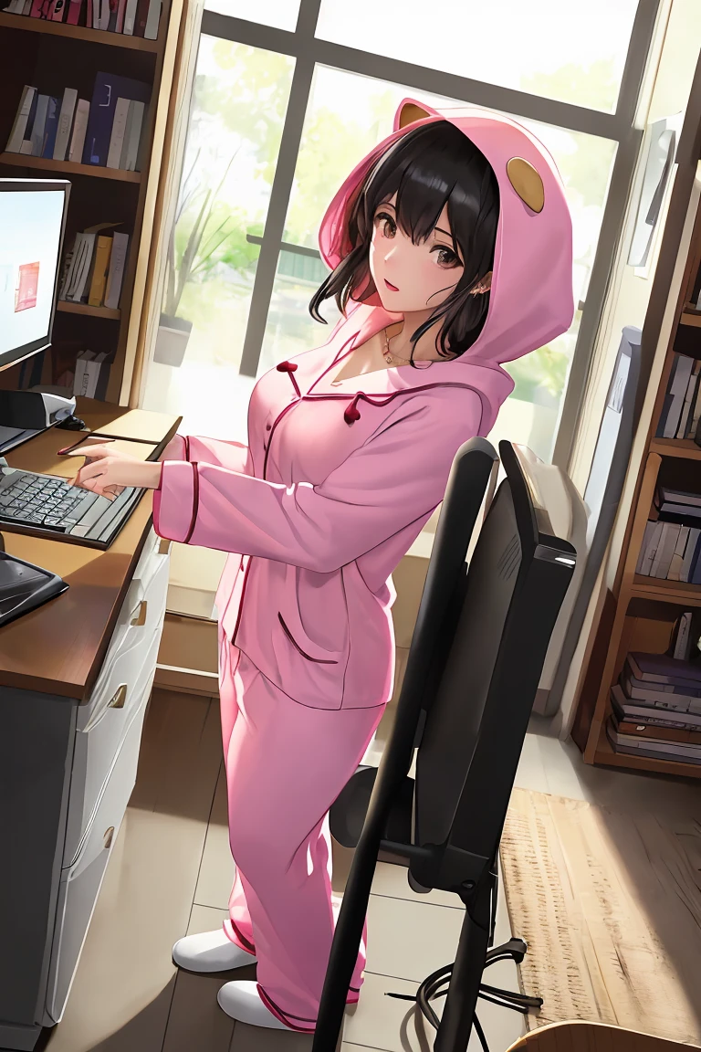 (score_9,score_8_up,score_7_up,score_6_up,score_5_up,score_4_up),masterpiece, top quality, best quality, official art, beautiful and aesthetic, animation, , 1female, solo, women, mature figure, (black hair:1.2), golden pendant earrings, golden hair pin, male pov,, study, standing in front of the computer, wearing lovely hooded pajamas, long pink hair swinging gently with the movement ,