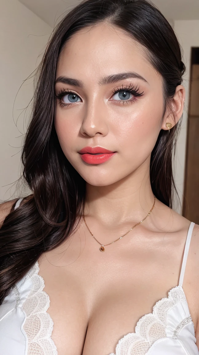 instagram photo, closeup face photo of 23 y.o Chloe in kebaya, blue eyes, white skin, Red Lipstick, sensual Lipstick, Sensational Make Up, cleavage, pale skin, (smile:0.4), hard shadows, White G-STRING, bright lighting
