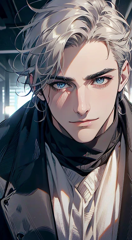 (best quality,4k,8k,highres,masterpiece:1.2),ultra-detailed,(realistic,photorealistic,photo-realistic:1.37),1 man,31 years old,mature man,very handsome,without expression,smile,short grey hair,blue eyes,penetrating gaze,perfect face without errors,imposing posture,businessman,office background,cinematic lighting,hdr image