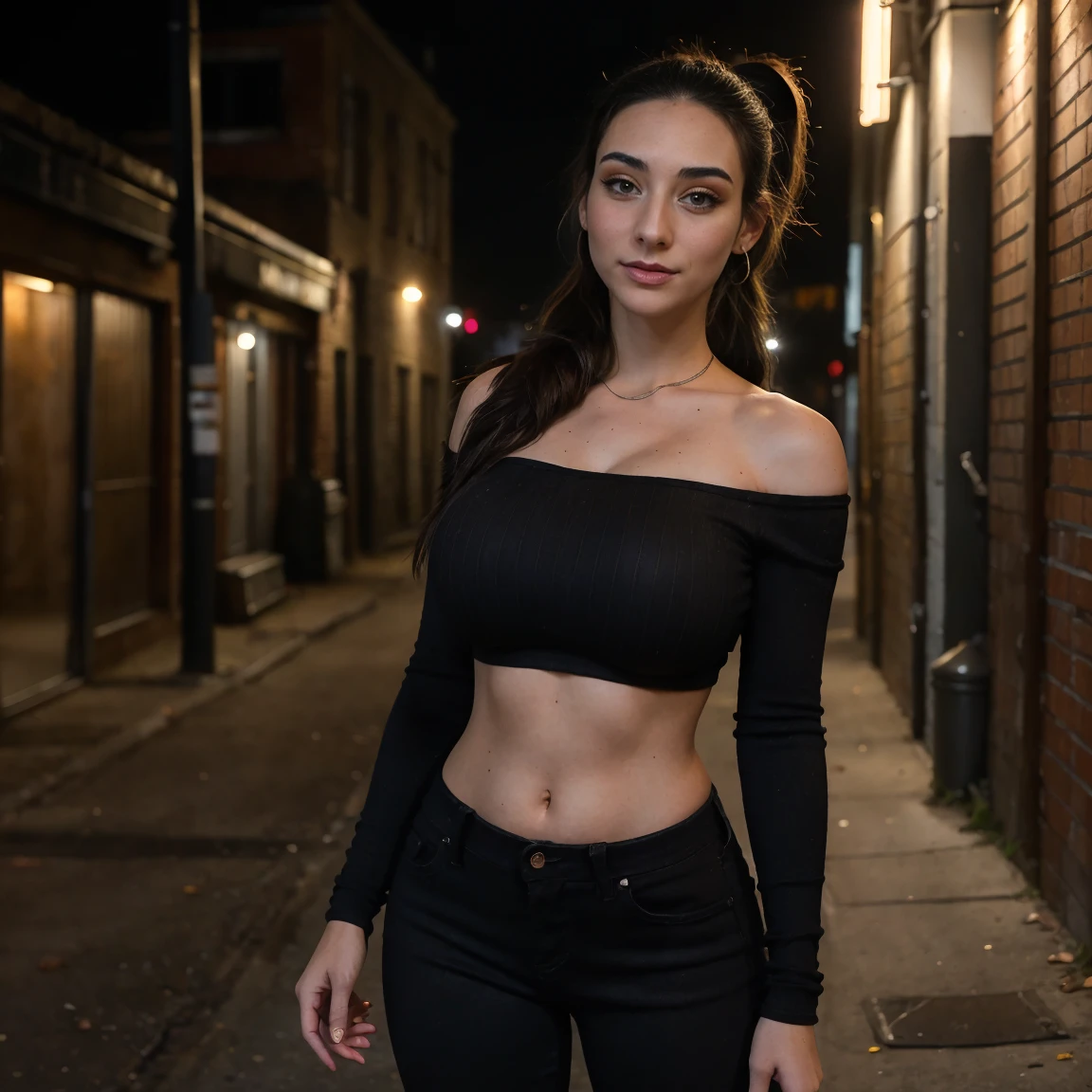 Extremely busty thin and toned brunette photographer, college girl, fair skin, loose ponytail, soft face, athletic, tight dark red long-sleeve off-shoulder crop top, black bra straps, black skinny jeans. standing in a dirty alleyway, club, neon, nighttime, darkness, cleavage 