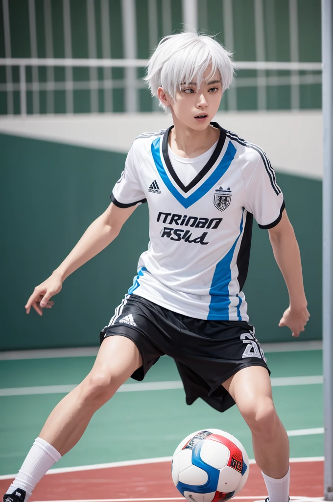 Make a boy with white hair playing futsal put his name on kinho&#39;s shirt