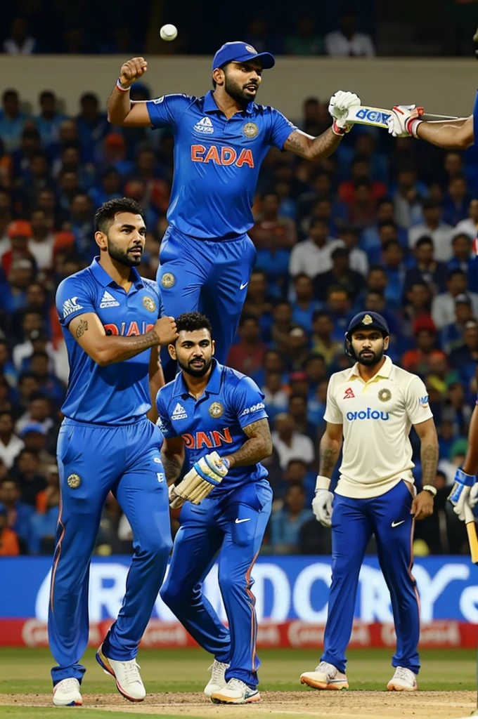 Rohit Sharma, Virat Kohli, Shikhar Dhawan, and Ravindra Jadeja in action.