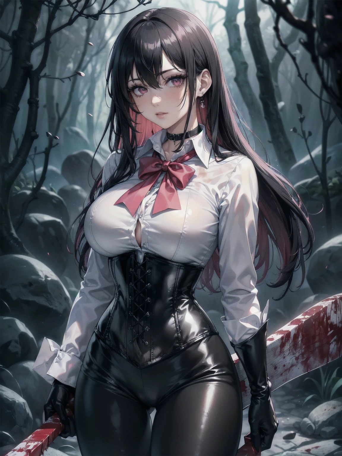((blood droplets)), ((blood)), ((blood splatter)), ((blood on clothes)) ((blood stain)), Masterpiece, Superior image quality, high resolution, 4k image,photo and gross, photorealistic, whole body, distant view, ung man of 15 years, {{{vagina}}}, big breasts, beautiful face, long black hair, black eyes, very detailed eyes, pink cheeks, shy expression, choker:1.6, (white collar button down long sleeve shirt), black gloves, gloves that cover hands, (holding an ax in the right hand), (black leather corset), (shiny black leggings), Sensual Lips, show details in the eyes, View from the front, looking at the viewer, dark forest path, evening, Atmosphere, fog