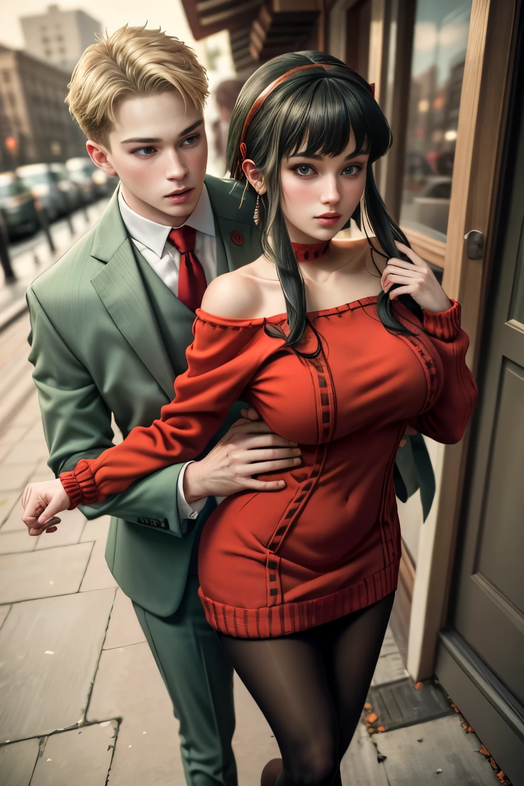 (masterpiece, best quality:1.2), high resolution, intricate details, extremely detailed, realistic and sharp details, (full body), hetero, couple, (1girl, hairband, off shoulder red sweater minidress, pantyhose), (1boy wearing light green business suit), (1boy grabbing her breasts:1.3), detailed face, detailed eyes, pale skin, photo background, outdoors, 