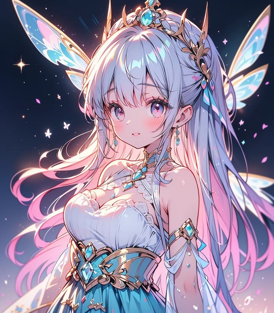 (Exquisite, beautiful, Very detailed, masterpiece, High resolution,high quality,High resolution),(Well-formed face,Soft and thin lines: 1.2, beautiful, Delicate and vivid illustrations with a mature and clear feel) , A beautiful, A young fairy princess with butterfly-like wings flies in the air、Flying over an old European town on a crescent moon night。. Looking in the direction of the camera on a beautiful, Dark moonlit night. A beautiful, Big Crescent Moon, performer, shooting performer, and shooting performer.,(She has beautiful, Wearing a tiara, Earrings and chokers.), She smiles shyly.,She is wearing a beautiful black and silver ball gown dress decorated with jewels, ribbon, Ruffles and lace, and has beautiful fairy shoes.,(blushing with embarrassment,Pale pink cheeks, beautiful medium length silver hair, Plump pink lips, Fair skin, Large bust, And a nice body.),Vivid and striking colors,From a short distance,A dreamy and cute atmosphere