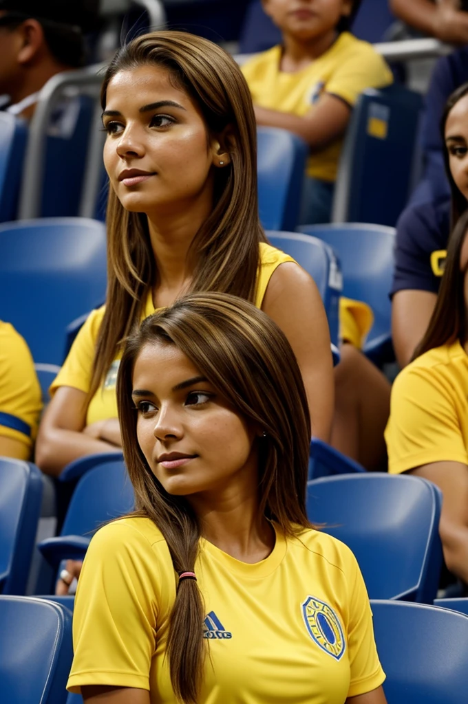 Woman turning her back with dark skin watching the Colombia national team match and having the Colombia shirt with the last name Jelly