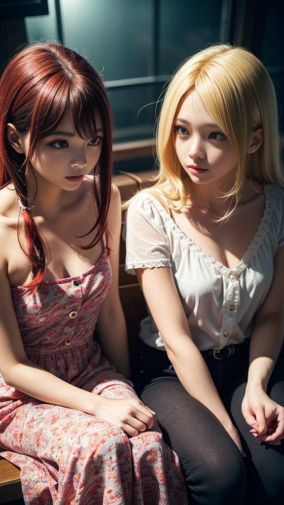 a blonde a redhead and a brunette 17yo schoolgirls holding. wet dripping legs. naughty. defiant. eye contact. facing camera. taste it.