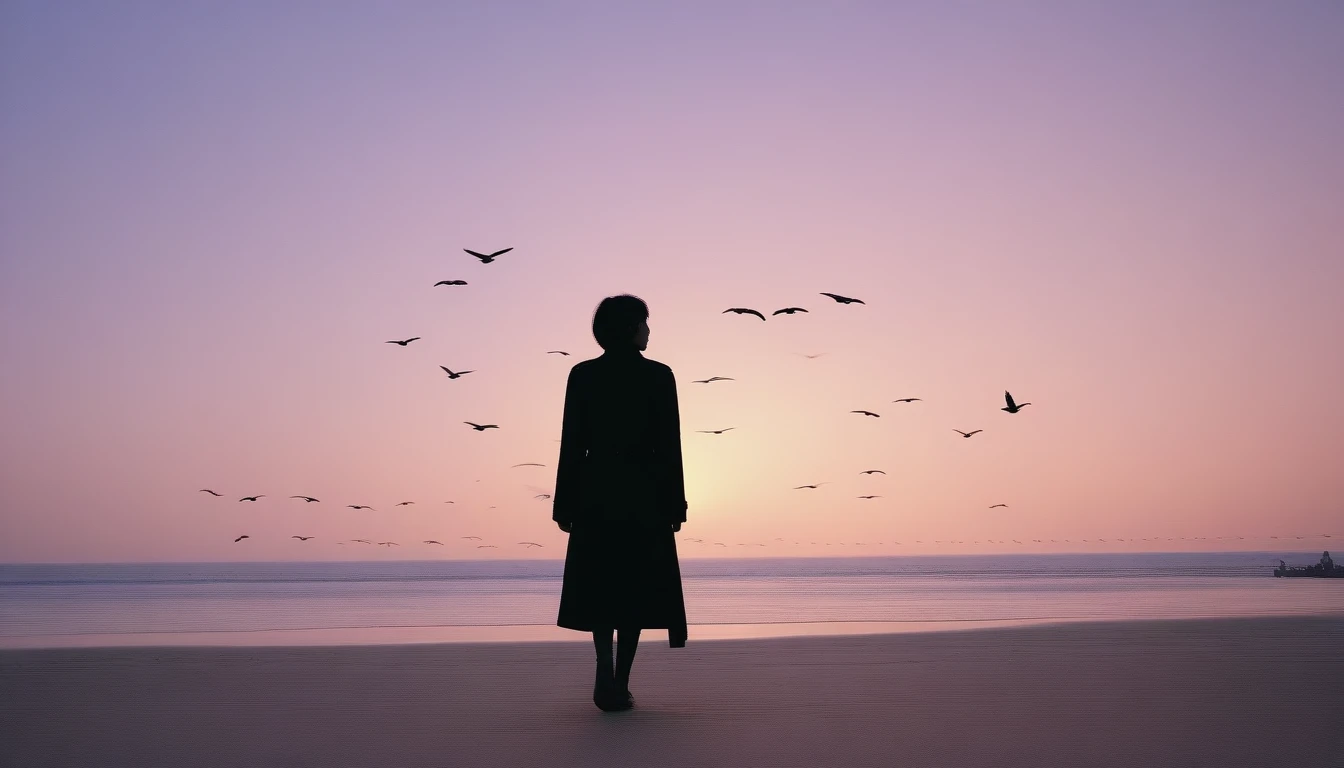 8K, Vivid picture quality, long deserted beach, walking from afar, woman with short hair covering her neck, Black trench coat, red light of sunset, sunset, alone, afternoon, depressed, birds가 밀려온다, ocean, birds, wind, short korean girl, 잔잔한 birds, Barefoot waiting to start