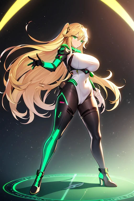 1girl, green eyes, blonde hair, long hair, large breasts, hourglass figure, bodysuit, white bodysuit, neon, neon trim, machinery, tech, science-fiction, futuristic, serious, standing, full body, ((full body)),, pantyhose, black pantyhose, wavy hair, fighting stance, drone, robot girl, gun